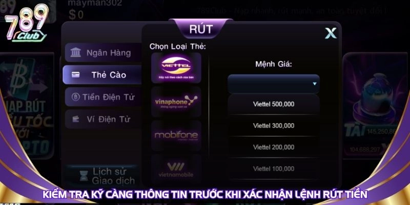 Kiểm tra các thông ttin trước khi xác nhận lệnh rút tiền 789Club