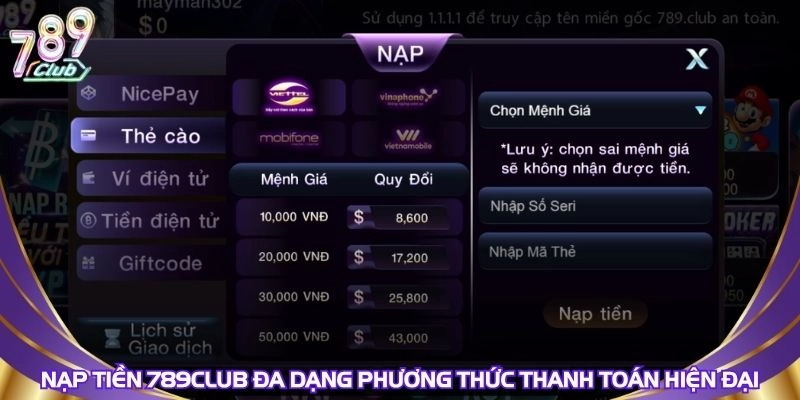 Nạp tiền 789Club  đa dạng phương thức thanh toán hiện đại